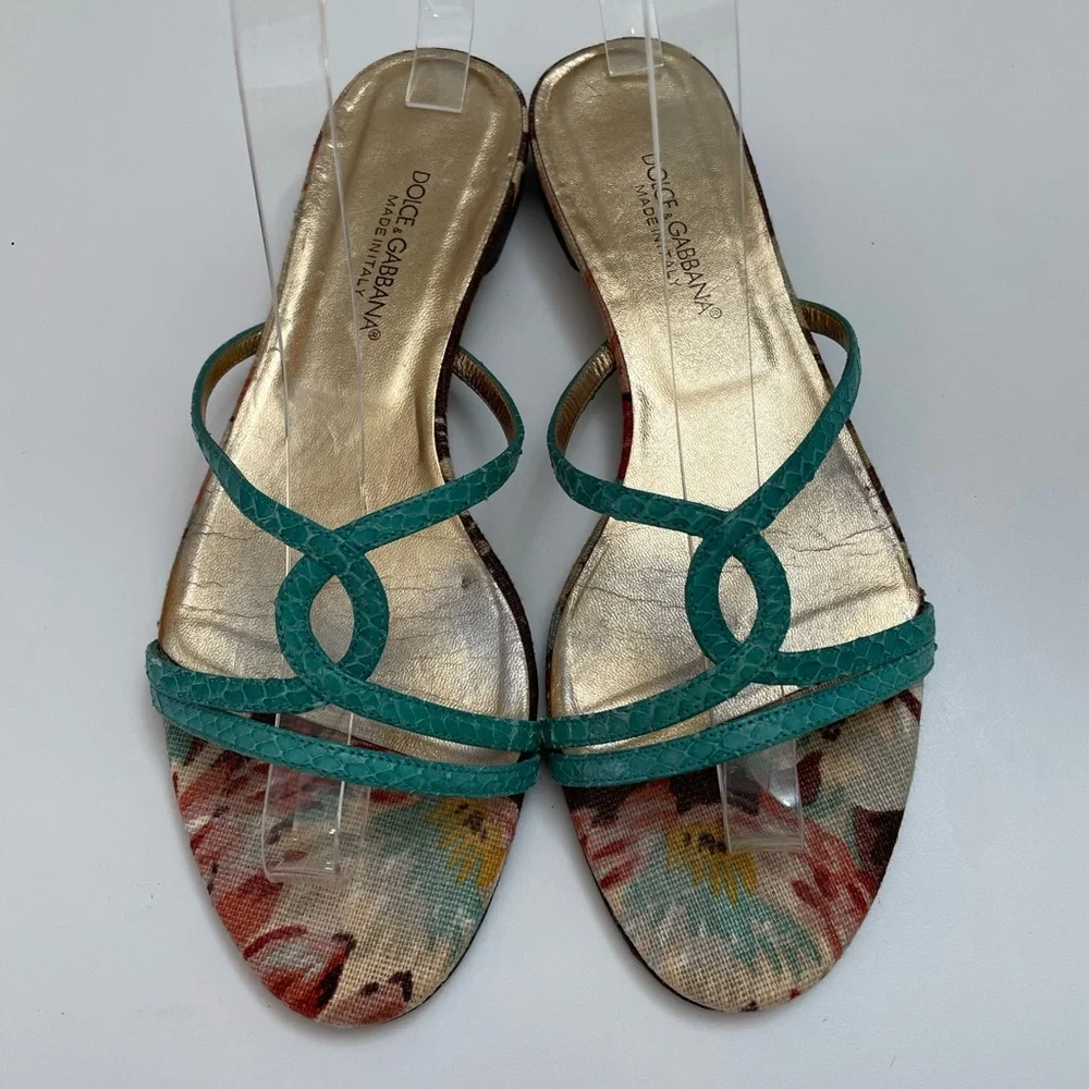 Dolce & Gabbana Turquoise Snake-Embossed Leather & Floral Canvas Flats Size 7.5 - Picture 3 of 9